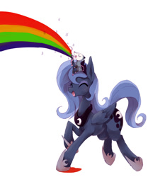 Size: 800x957 | Tagged: safe, artist:kolshica, character:princess luna, character:tiberius, cute, eyes closed, happy, open mouth, rainbow, raised hoof, s1 luna, simple background, smiling, white