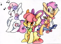 Size: 2784x2007 | Tagged: safe, artist:cutepencilcase, character:apple bloom, character:scootaloo, character:sweetie belle, species:pegasus, species:pony, chest fluff, cutie mark, cutie mark crusaders, ear fluff, fluffy, mouth hold, potion, scooter, singing, the cmc's cutie marks, traditional art