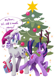 Size: 800x1134 | Tagged: safe, artist:kolshica, character:twilight sparkle, character:twilight sparkle (unicorn), character:twilight velvet, species:pony, species:unicorn, antlers, christmas, christmas tree, clothing, dialogue, engrish, female, floppy ears, hat, mother and daughter, open mouth, raised hoof, santa hat, simple background, tree, white background
