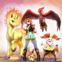 Size: 2975x2975 | Tagged: safe, artist:mykegreywolf, character:sunset shimmer, my little pony:equestria girls, braixen, clothing, crossover, fiery shimmer, fire, leather jacket, mane of fire, nintendo, one eye closed, open mouth, pokéball, pokémon, rapidash, stick, talonflame, team, victini, wink