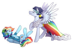 Size: 2100x1400 | Tagged: safe, artist:kikirdcz, character:rainbow dash, character:soarin', species:pony, ship:soarindash, episode:a canterlot wedding, g4, my little pony: friendship is magic, 30 day otp challenge, bridesmaid dress, clothes swap, clothing, crossdressing, dress, eyes closed, female, goggles, laughing, male, open mouth, raised hoof, shipping, simple background, straight, transparent background, wonderbolts dress uniform