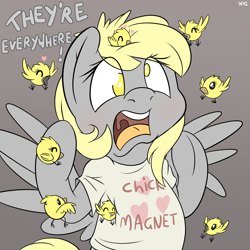 Size: 2000x2000 | Tagged: safe, artist:fluffyxai, character:derpy hooves, species:bird, species:chicken, species:pegasus, species:pony, alfred hitchcock, animal, chick, chick magnet, chicks, clothing, cute, derpabetes, female, funny, mare, open mouth, panic, pun, shirt, solo, the birds