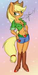 Size: 1024x2010 | Tagged: safe, artist:pvrii, character:applejack, species:anthro, belly button, breasts, cleavage, clothing, daisy dukes, female, front knot midriff, jewelry, midriff, necklace, shorts, smirk, solo