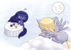 Size: 1407x1000 | Tagged: safe, artist:howxu, character:derpy hooves, character:princess luna, species:pegasus, species:pony, :3, both cutie marks, cloud, female, food, mare, muffin, prone, that pony sure does love muffins