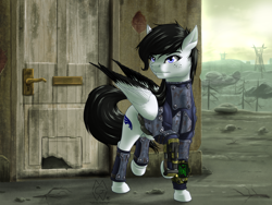 Size: 4000x3000 | Tagged: safe, artist:mykegreywolf, oc, oc only, oc:lamika, fallout equestria, armor, belt, fallout, fallout 4, fallout: new vegas, freckles, pipboy, pipbuck, solo, two-step goodbye, weapon