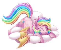 Size: 1024x838 | Tagged: safe, artist:centchi, oc, oc only, oc:paper stars, species:bat pony, species:pony, amputee, cloud, cute, paperbetes, prone, rainbow hair, rainbow tail, solo, watermark