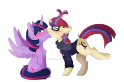 Size: 1024x675 | Tagged: safe, artist:oddends, character:moondancer, character:twilight sparkle, character:twilight sparkle (alicorn), species:alicorn, species:pony, ship:twidancer, blushing, eyes closed, female, kissing, lesbian, mare, shipping, simple background, sitting, transparent background, watermark, wingboner