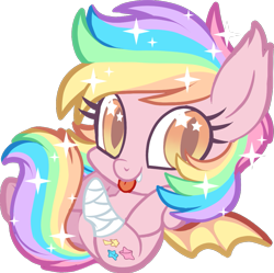 Size: 985x983 | Tagged: safe, artist:centchi, oc, oc only, oc:paper stars, species:bat pony, species:pony, amputee, chibi, cute, cute little fangs, fangs, female, looking at you, paperbetes, rainbow hair, simple background, solo, sparkly mane, transparent background