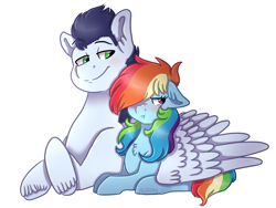 Size: 2400x1800 | Tagged: safe, artist:artistcoolpony, artist:kikirdcz, character:rainbow dash, character:soarin', species:pony, ship:soarindash, alternate hairstyle, collaboration, crossed hooves, female, long hair, male, shipping, simple background, straight, transparent background, tsunderainbow, tsundere