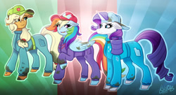 Size: 2300x1250 | Tagged: safe, artist:kikirdcz, character:applejack, character:rainbow dash, character:rarity, episode:the cart before the ponies, g4, my little pony: friendship is magic, backwards ballcap, belt, cap, clothing, dirty, freckles, hat, mechanic, mechanic coveralls, open mouth, pants, raised hoof, signature