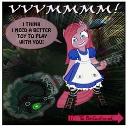 Size: 925x923 | Tagged: safe, artist:invisibleguy-ponyman, character:pinkamena diane pie, character:pinkie pie, species:earth pony, species:pony, comic:lyra-lyra's bizarre adventure, alice in wonderland, alice:madness returns, american mcgee's alice, clothing, comic, grimdark series, hobby horse, mcgee's pinkie, questionable series, this will end in pain