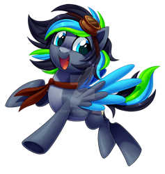 Size: 1024x1080 | Tagged: safe, artist:centchi, oc, oc only, oc:lottie ashmore, species:pegasus, species:pony, coat markings, colored wings, colored wingtips, female, flying, freckles, goggles, looking at you, mare, multicolored hair, obtrusive watermark, open mouth, simple background, smiling, solo, spread wings, transparent background, underhoof, watermark, wings