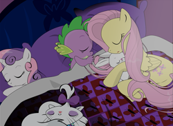 Size: 1409x1033 | Tagged: safe, artist:dsana, character:angel bunny, character:fluttershy, character:opalescence, character:spike, character:sweetie belle, species:dragon, species:pegasus, species:pony, species:rabbit, angelbetes, baby, baby dragon, bed, cat, cropped, cute, diasweetes, female, filly, fluttershy's cottage, heartwarming, male, mare, shyabetes, sleeping, snuggling, spikabetes, weapons-grade cute
