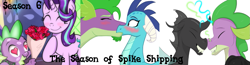 Size: 1551x405 | Tagged: safe, artist:colourstrike, artist:dsana, artist:php37, character:princess ember, character:spike, character:starlight glimmer, character:thorax, species:dragon, ship:emberspike, ship:sparlight, ship:thoraxspike, episode:the times they are a changeling, g4, my little pony: friendship is magic, bisexual, blushing, gay, harem, heart, kiss mark, kissing, laughing, love, male, season 6, shipping, spike gets all the mares, straight