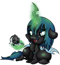Size: 3007x3281 | Tagged: safe, artist:cutepencilcase, character:queen chrysalis, species:changeling, episode:the times they are a changeling, g4, my little pony: friendship is magic, changeling larva, changeling queen, cute, cutealis, cuteling, duo, female, nymph, open mouth, simple background, transparent background