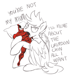Size: 2652x2868 | Tagged: safe, artist:hawthornss, derpibooru original, oc, oc only, oc:kibbie, species:pegasus, species:pony, body pillow, crossover, looking at you, solo, text, the crimson chin, the fairly oddparents, wat