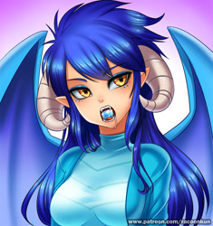 Size: 1000x1065 | Tagged: safe, artist:racoonsan, character:princess ember, species:human, bedroom eyes, bodysuit, breasts, clothing, drool, elf ears, eyebrows, eyebrows visible through hair, eyeshadow, fangs, female, freckles, gradient background, horned humanization, horns, humanized, jewel, looking at you, makeup, open mouth, patreon, salivating, sapphire, sexy, solo, stone, stupid sexy princess ember, tongue out, winged humanization
