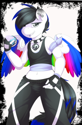Size: 1256x1920 | Tagged: safe, artist:camychan, oc, oc only, oc:spirit beat, species:anthro, belly button, charm, choker, clothing, crossover, ear piercing, femboy, fingerless gloves, gloves, looking at you, male, midriff, piercing, pokéball, pokémon, pokémon sun and moon, solo, spiked choker, tank top, team skull
