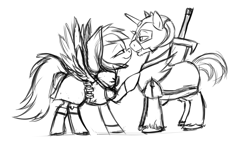 Size: 2600x1600 | Tagged: safe, artist:vistamage, character:big mcintosh, character:rainbow dash, species:pegasus, species:pony, species:unicorn, ship:rainbowmac, episode:dungeons & discords, bedroom eyes, female, grayscale, lip bite, looking at each other, male, mare, monochrome, profile, race swap, rainbow rogue, shipping, simple background, sir mcbiggen, sketch, spread wings, stallion, straight, unicorn big mac, white background, wings