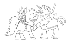 Size: 2600x1600 | Tagged: safe, artist:vistamage, character:big mcintosh, character:rainbow dash, species:pegasus, species:pony, species:unicorn, ship:rainbowmac, episode:dungeons & discords, bedroom eyes, black and white, female, grayscale, lineart, lip bite, looking at each other, male, mare, monochrome, profile, race swap, rainbow rogue, shipping, simple background, sir mcbiggen, spread wings, stallion, straight, unicorn big mac, white background, wings