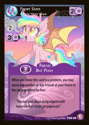 Size: 2500x3489 | Tagged: safe, artist:hawthornss, oc, oc only, oc:paper stars, species:bat pony, species:pony, amputee, bandage, card, ccg, cute, cute little fangs, fake, fangs, flying, watermark