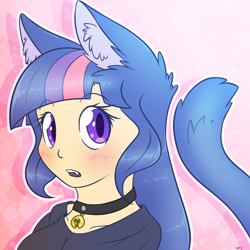 Size: 900x900 | Tagged: safe, artist:fluffyxai, character:twilight sparkle, species:human, bell, bell collar, blushing, cat ears, catgirl, clothing, collar, cute, ear fluff, eared humanization, female, humanized, looking at you, sharp teeth, solo, tailed humanization, twilight cat
