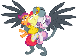 Size: 4154x3000 | Tagged: safe, artist:jeatz-axl, character:apple bloom, character:gabby, character:scootaloo, character:sweetie belle, species:griffon, species:pegasus, species:pony, episode:the fault in our cutie marks, g4, my little pony: friendship is magic, .svg available, absurd resolution, bear hug, cutie mark crusaders, eyes closed, hug, open mouth, simple background, the cmc's cutie marks, this will end in tears and/or death, tight, transparent background, vector