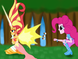 Size: 2560x1960 | Tagged: safe, artist:cybersquirrel, character:daydream shimmer, character:pinkie pie, character:sunset shimmer, my little pony:equestria girls, boots, bracelet, clothing, daydream shimmer, fiery shimmer, fiery wings, food, high heel boots, jewelry, kneeling, marshmallow, mundane utility, skirt, squatting, toasted marshmallow, walking campfire