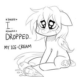 Size: 1000x1000 | Tagged: safe, artist:celine-artnsfw, oc, oc only, oc:melody strawberries, species:pegasus, species:pony, crying, dialogue, dropped ice cream, food, ice cream, ice cream cone, lineart, sad, solo