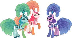 Size: 5612x3000 | Tagged: safe, artist:jeatz-axl, species:earth pony, species:pony, episode:viva las pegasus, g4, my little pony: friendship is magic, absurd resolution, clothing, eyes closed, feather, female, headdress, laughing, mare, midriff, open mouth, performer, raised hoof, show mares, showgirl, simple background, transparent background, trio, unamused, vector