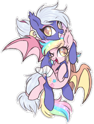 Size: 2368x3104 | Tagged: safe, artist:hawthornss, oc, oc only, oc:moon sugar, oc:paper stars, species:bat pony, species:pony, amputee, cute, cute little fangs, ear fluff, eyeshadow, fangs, grin, looking at you, makeup, siblings, simple background, smiling, transparent background