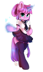 Size: 2400x3937 | Tagged: safe, artist:yukomaussi, oc, oc only, oc:sugar lace, species:anthro, species:unguligrade anthro, bipedal, book, butterfly, clothing, cute, glowing horn, heart eyes, looking at you, magic, ocbetes, open mouth, pleated skirt, semi-anthro, simple background, skirt, skirt lift, smiling, socks, solo, stockings, thigh highs, transparent background, underhoof, wingding eyes, zettai ryouiki