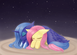 Size: 1688x1200 | Tagged: safe, artist:howxu, character:fluttershy, character:princess luna, species:pony, ship:lunashy, covering, cuddling, cute, female, floppy ears, hoof shoes, hug, lesbian, lunabetes, mare, night, prone, s1 luna, shipping, shyabetes, sleeping, snuggling, stars, wing blanket, wing covering, winghug