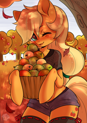 Size: 2893x4092 | Tagged: safe, artist:yukomaussi, character:applejack, species:anthro, species:unguligrade anthro, apple, apple tree, arm hooves, autumn, clothing, cute, eye clipping through hair, female, food, heart eyes, jackabetes, leaves, one eye closed, shirt, shorts, smiling, solo, sweet apple acres, tree, wingding eyes