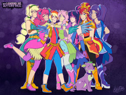 Size: 1407x1065 | Tagged: safe, artist:kikirdcz, character:applejack, character:fluttershy, character:pinkie pie, character:rainbow dash, character:rarity, character:spike, character:spike (dog), character:sunset shimmer, character:twilight sparkle, character:twilight sparkle (scitwi), species:dog, species:eqg human, equestria girls:legend of everfree, g4, my little pony: equestria girls, my little pony:equestria girls, balloon, boots, clothing, crystal guardian, crystal wings, dress, high heel boots, humane seven, humanized, jewelry, ponied up, ponytail, shoes, sneakers, sun, wings