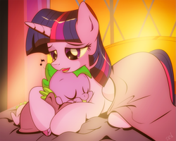 Size: 1333x1067 | Tagged: safe, artist:dsana, character:spike, character:twilight sparkle, character:twilight sparkle (alicorn), species:alicorn, species:dragon, species:pony, baby, baby dragon, blanket, cute, duo, eyes closed, female, horn, hug, lullaby, mama twilight, mare, music notes, signature, singing, sleeping, spikabetes, spikelove, sunlight, twiabetes, twilight's castle, weapons-grade cute, window