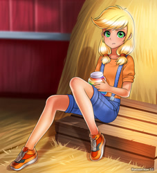 Size: 800x880 | Tagged: safe, artist:racoonsan, character:applejack, species:human, episode:where the apple lies, g4, my little pony: friendship is magic, apple, cute, female, food, humanized, jackabetes, jam, looking at you, solo, teenage applejack, teenager, younger, zap apple, zap apple jam
