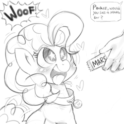 Size: 1000x1000 | Tagged: safe, artist:celine-artnsfw, character:pinkie pie, species:earth pony, species:human, species:pony, barking, behaving like a dog, blushing, candy, chocolate, collar, dialogue, disembodied hand, drool, female, food, grayscale, heart, looking up, mare, monochrome, offscreen character, open mouth, pet play, pony pet, puppy pie, simple background, starry eyes, tongue out, white background, wingding eyes, woof