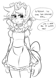 Size: 1280x1792 | Tagged: safe, artist:celine-artnsfw, oc, oc only, oc:pencil point, species:pony, species:unicorn, black and white, blushing, clothing, crossdressing, dialogue, embarrassed, grayscale, maid, male, monochrome, solo