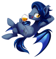 Size: 1024x1067 | Tagged: safe, artist:centchi, oc, oc only, oc:moonlight nectar, species:bat pony, species:pony, arm behind head, armpits, bat pony oc, crossed legs, glass, licking, licking lips, simple background, solo, tongue out, transparent background, watermark