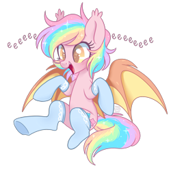 Size: 2650x2650 | Tagged: safe, artist:hawthornss, oc, oc only, oc:paper stars, species:bat pony, species:pony, amputee, blushing, clothing, cute, cute little fangs, ear fluff, eeee, fangs, open mouth, paperbetes, simple background, sitting, smiling, socks, solo, spread wings, starry eyes, stump sock, transparent background, weapons-grade cute, wingding eyes, wings