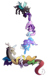 Size: 1900x3000 | Tagged: safe, artist:kikirdcz, character:discord, character:starlight glimmer, character:thorax, character:trixie, species:pony, species:unicorn, episode:to where and back again, g4, my little pony: friendship is magic, female, floating, holding on, knitting, mare, mouth hold, needle, reformed four, simple background, transparent background, trixie's cape, trixie's hat, yarn, yarn ball