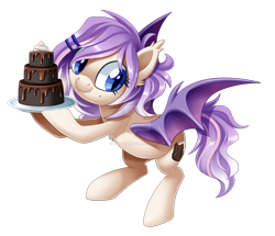 Size: 1600x1379 | Tagged: safe, artist:centchi, oc, oc only, oc:sweet tooth, species:bat pony, species:pony, bat pony oc, cake, food, simple background, solo, transparent background, watermark