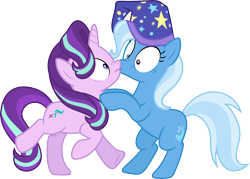 Size: 4194x3000 | Tagged: safe, artist:jeatz-axl, character:starlight glimmer, character:trixie, species:pony, species:unicorn, ship:startrix, episode:to where and back again, g4, my little pony: friendship is magic, .svg available, accidental kiss, clothing, female, hat, kissing, lesbian, mare, nightcap, nose wrinkle, shipping, simple background, transparent background, trixie's nightcap, vector, wide eyes
