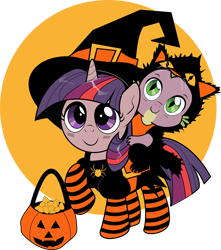 Size: 1022x1158 | Tagged: safe, artist:dsana, character:spike, character:twilight sparkle, species:dragon, species:pony, animal costume, baby spike, cat, cat costume, clothing, costume, cute, dragons riding ponies, dsana is trying to murder us, filly, filly twilight sparkle, halloween, hat, holiday, mama twilight, nightmare night, pumpkin bucket, simple background, socks, spikabetes, spikelove, striped socks, transparent background, trick or treat, twiabetes, witch hat