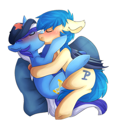 Size: 1024x1113 | Tagged: safe, artist:oddends, character:minuette, oc, oc:moonshot, species:bat pony, species:pony, species:unicorn, baseball cap, blushing, canon x oc, clothing, cuddling, eyes closed, hat, kissing, making out, male, pillow, shipping, snuggling, straight
