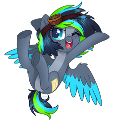 Size: 2140x2328 | Tagged: safe, artist:hawthornss, oc, oc only, oc:lottie ashmore, species:pegasus, species:pony, cute, dock, flying, freckles, goggles, looking at you, one eye closed, open mouth, simple background, solo, transparent background, underhoof, wink