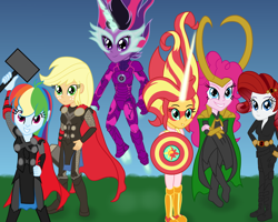 Size: 3200x2560 | Tagged: safe, artist:cybersquirrel, character:applejack, character:daydream shimmer, character:midnight sparkle, character:pinkie pie, character:rainbow dash, character:rarity, character:sunset shimmer, character:twilight sparkle, character:twilight sparkle (scitwi), species:eqg human, my little pony:equestria girls, black widow (marvel), captain america, captain equestria, daydream shimmer, halloween, iron man, loki, midnight sparkle, the avengers, thor