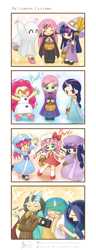 Size: 800x2087 | Tagged: safe, artist:howxu, character:discord, character:fluttershy, character:pinkie pie, character:princess celestia, character:princess luna, character:twilight sparkle, species:human, series:my little kindergarten, 4koma, anna, bedsheets, blushing, broom, camera, chibi, clothing, comic, cosplay, costume, cute, cute little fangs, diapinkes, discute, dress, elsa, eyes closed, fangs, flandershy, flandre scarlet, frozen (movie), ghost, halloween costume, hat, horned humanization, humanized, jack-o-lantern, looking at you, mob cap, olaf, open mouth, patchouli knowledge, pumpkin, saigyouji yuyuko, shoes, shyabetes, skirt, smiling, snap, snowman, socks, sweat, sweatdrop, touhou, twiabetes, twichouli, vampire, winged humanization, witch, witch hat