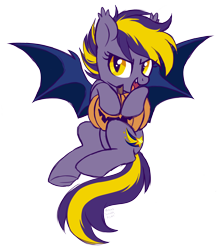 Size: 2218x2539 | Tagged: safe, artist:hawthornss, oc, oc only, oc:blazing star, species:bat pony, species:pony, bat pony oc, cute little fangs, fangs, flying, jack-o-lantern, looking at you, open mouth, pumpkin, simple background, smiling, solo, spread wings, transparent background, underhoof, wings